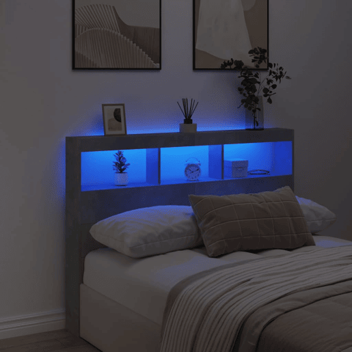 Armário de Cabeceira - Cabeceira de cama c luzes LED 140x17x102cm cinzento cimento