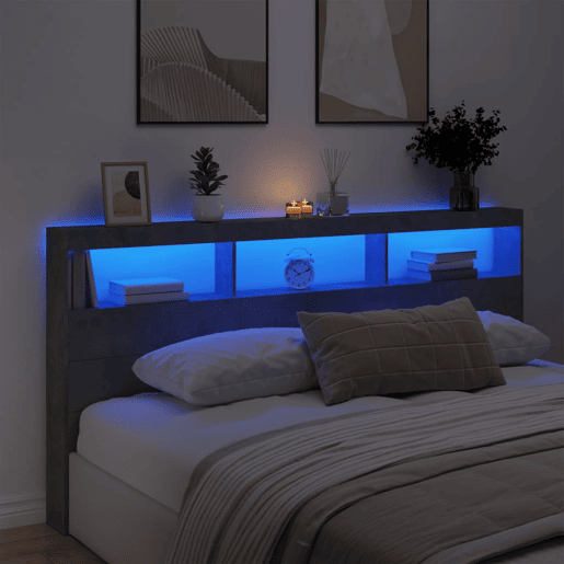 Armário de Cabeceira - Cabeceira de cama c luzes LED 200x17x102cm cinzento cimento
