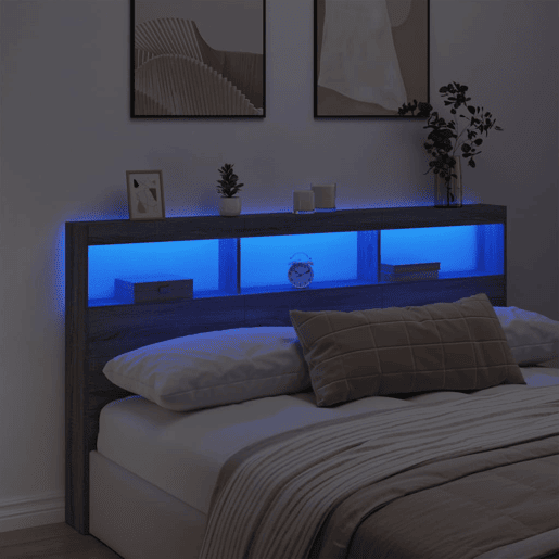 Armário de Cabeceira - Cabeceira de cama c luzes LED 180x17x102 cm cinzento sonoma