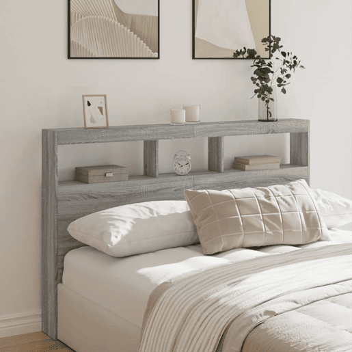 Armário de Cabeceira - Cabeceira de cama c luzes LED 160x17x102 cm cinzento sonoma