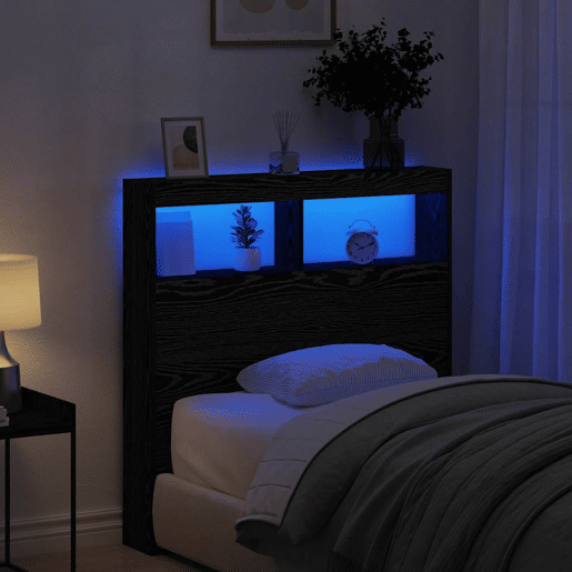 Armário Cabeceira - Cabeceira de cama c luzes LED 100x17x102 cm carvalho preto