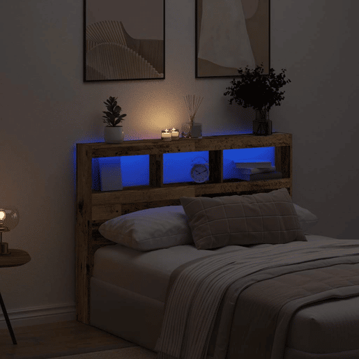 Armário de Cabeceira - Cabeceira de cama com luzes LED 140x17x102cm madeira velha