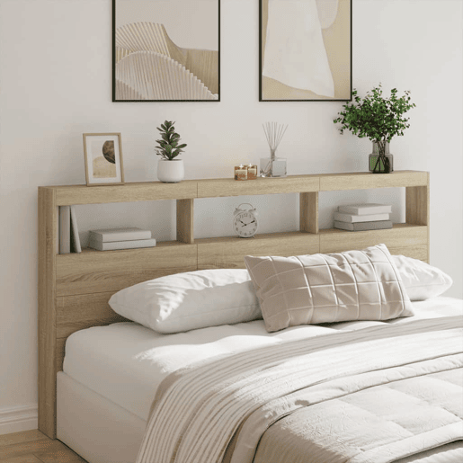 Armário de Cabeceira - Cabeceira de cama c luzes LED 200x17x102 cm carvalho sonoma