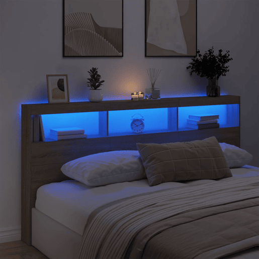 Armário de Cabeceira - Cabeceira de cama c luzes LED 200x17x102 cm carvalho sonoma