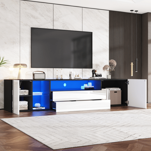 Móvel de TV 180x40x45 cm - TV Lowboard com LED, 2 gavetas e 2 armários - Branco e Preto