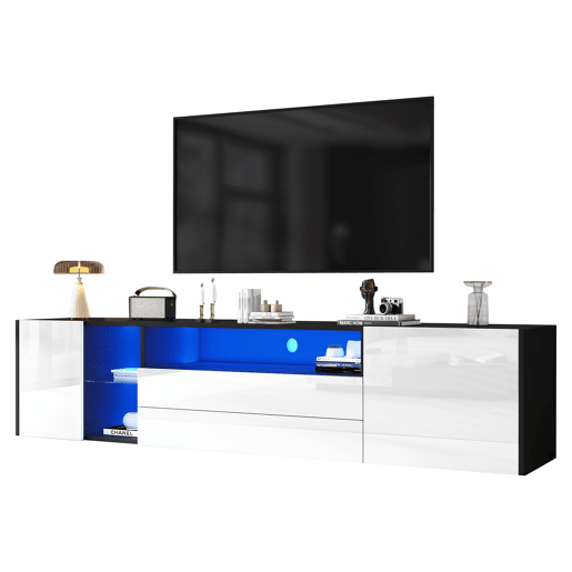 Móvel de TV 180x40x45 cm - TV Lowboard com LED, 2 gavetas e 2 armários - Branco e Preto
