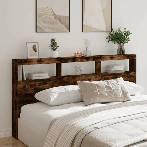 Armário de Cabeceira - Cabeceira de cama c luzes LED 200x17x102 cm carvalho fumado