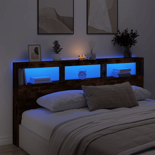 Armário de Cabeceira - Cabeceira de cama c luzes LED 200x17x102 cm carvalho fumado