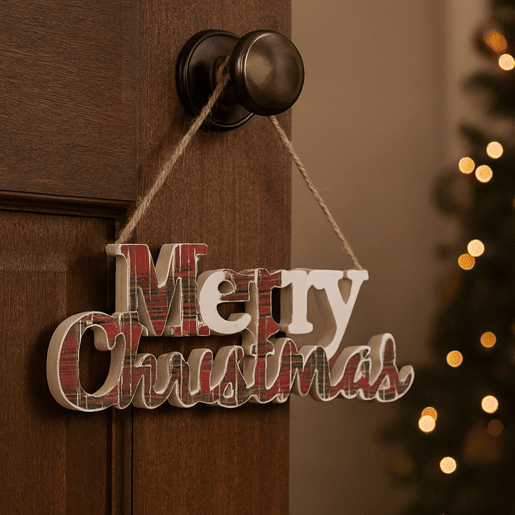 Placa decorativa Feliz Natal com design xadrez