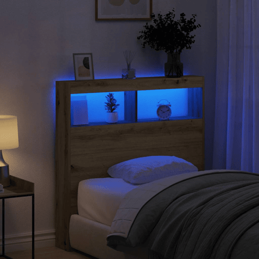Armário Cabeceira - Cabeceira de cama c luzes LED 100x17x102 cm carvalho artisiano