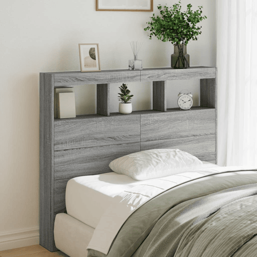 Armário de Cabeceira - Cabeceira de cama c luzes LED 120x17x102 cm cinzento sonoma