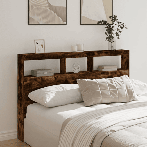 Armário de Cabeceira - Cabeceira de cama c luzes LED 160x17x102 cm carvalho fumado