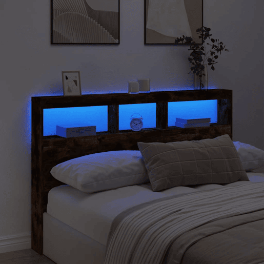 Armário de Cabeceira - Cabeceira de cama c luzes LED 160x17x102 cm carvalho fumado