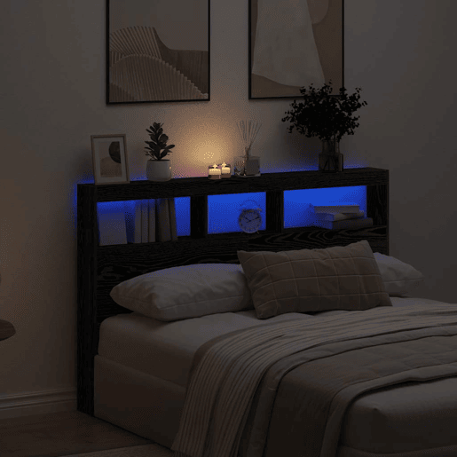 Armário Cabeceira - Cabeceira de cama c luzes LED 160x17x102 cm carvalho preto
