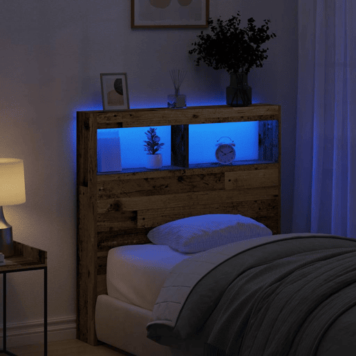 Armário de Cabeceira - Cabeceira de cama com luzes LED 100x17x102 cm madeira velha