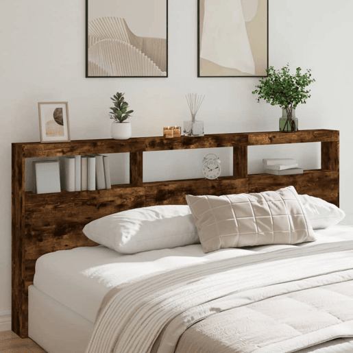 Armário de Cabeceira - Cabeceira de cama c luzes LED 220x17x102 cm carvalho fumado