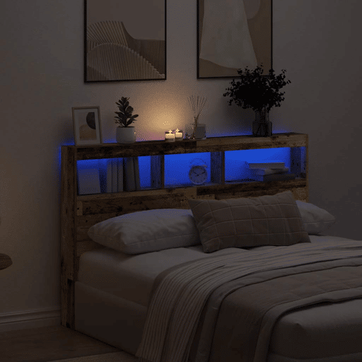 Armário de Cabeceira - Cabeceira de cama com luzes LED 160x17x102 cm madeira velha