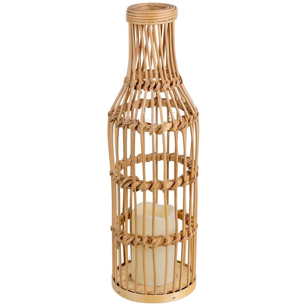 Jarron trenzado de ratan con vela a pilas natural, d14x44,5cm