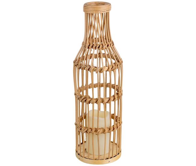 Jarron trenzado de ratan con vela a pilas natural, d14x44,5cm