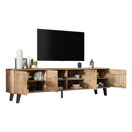 Móvel de TV 180x40x55 cm - 8 compartimentos, suporte para TV, centro de entretenimento - Cor madeira original Móvel de TV 180x40x55 cm - 8 compartimentos, suporte para TV, centro de entretenimento - Cor madeira original