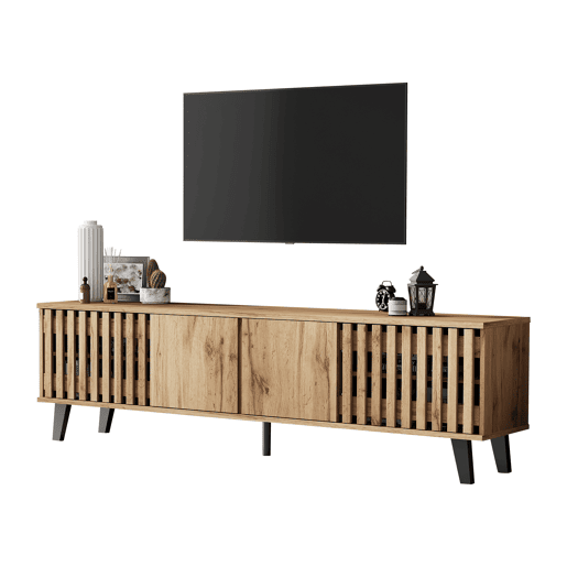 Móvel de TV 180x40x55 cm - 8 compartimentos, suporte para TV, centro de entretenimento - Cor madeira original Móvel de TV 180x40x55 cm - 8 compartimentos, suporte para TV, centro de entretenimento - Cor madeira original