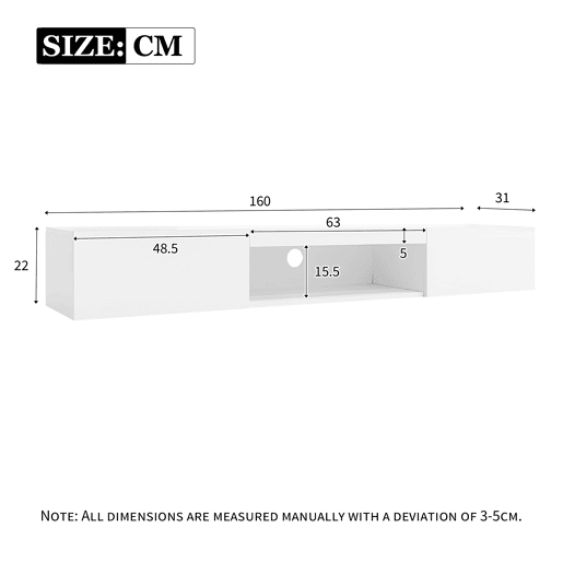Móvel de TV montado na parede 160x31x22cm - branco, com iluminação LED, controlo por aplicação Bluetooth, capacidade de carga 30kg Móvel de TV montado na parede 160x31x22cm - branco, com iluminação LED, controlo por aplicação Bluetooth, capacidade de carga 30kg