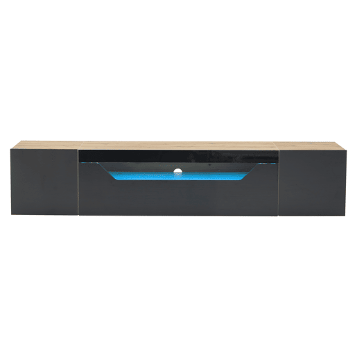 Móvel de TV 180x37x36 cm - Lowboard com 3 compartimentos, armário suspenso com LED, TV para 75u201D - Preto + Madeira Natural