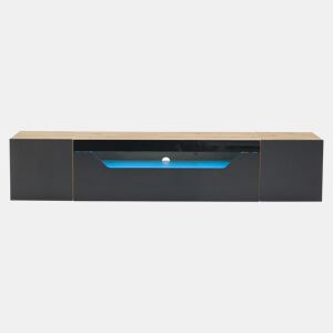 Móvel de TV 180x37x36 cm - Lowboard com 3 compartimentos, armário suspenso com LED, TV para 75u201D - Preto + Madeira Natural