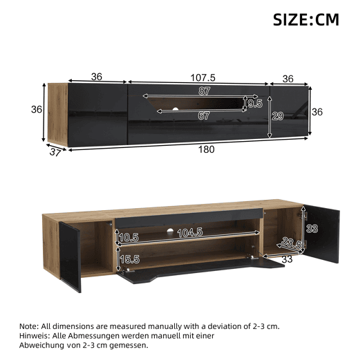 Móvel de TV 180x37x36 cm - Lowboard com 3 compartimentos, armário suspenso com LED, TV para 75u201D - Preto + Madeira Natural