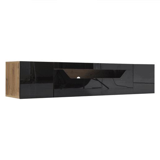 Móvel de TV 180x37x36 cm - Lowboard com 3 compartimentos, armário suspenso com LED, TV para 75u201D - Preto + Madeira Natural