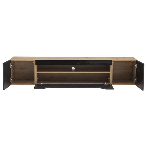 Móvel de TV 180x37x36 cm - Lowboard com 3 compartimentos, armário suspenso com LED, TV para 75u201D - Preto + Madeira Natural