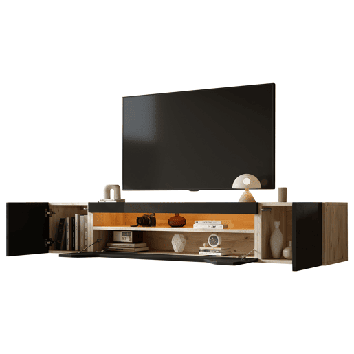 Móvel de TV 180x37x36 cm - Lowboard com 3 compartimentos, armário suspenso com LED, TV para 75u201D - Preto + Madeira Natural