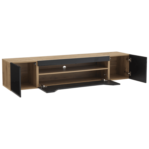 Móvel de TV 180x37x36 cm - Lowboard com 3 compartimentos, armário suspenso com LED, TV para 75u201D - Preto + Madeira Natural