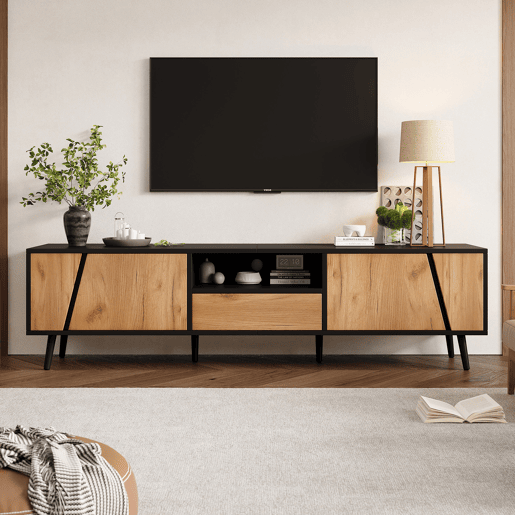 Móvel de TV 180x40x46 cm - Com gavetas e 2 armários - Minimalista com 6 pés de madeira maciça Móvel de TV 180x40x46 cm - Com gavetas e 2 armários - Minimalista com 6 pés de madeira maciça