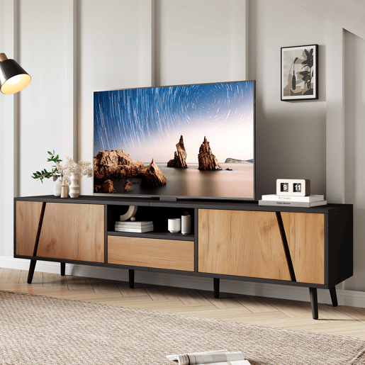 Móvel de TV 180x40x46 cm - Com gavetas e 2 armários - Minimalista com 6 pés de madeira maciça Móvel de TV 180x40x46 cm - Com gavetas e 2 armários - Minimalista com 6 pés de madeira maciça