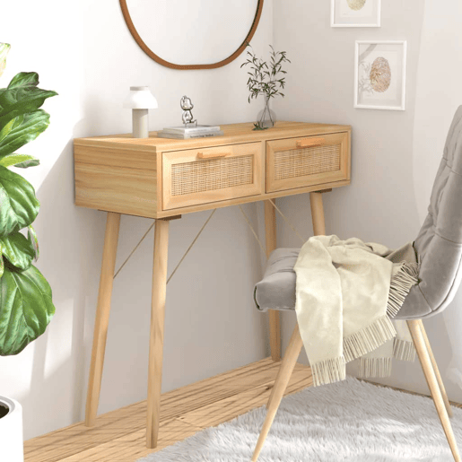 Mesa Consola - Mesa De Entrada 80x30x75 cm pinho maciço e vime natural castanho