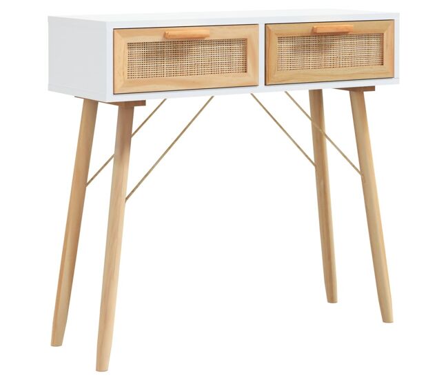 Mesa consola - mesa de entrada madera pino maciza blanco ratán natural 80x30x75cm