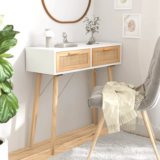 Mesa Consola - Mesa De Entrada 80x30x75 cm pinho maciço e vime natural branco