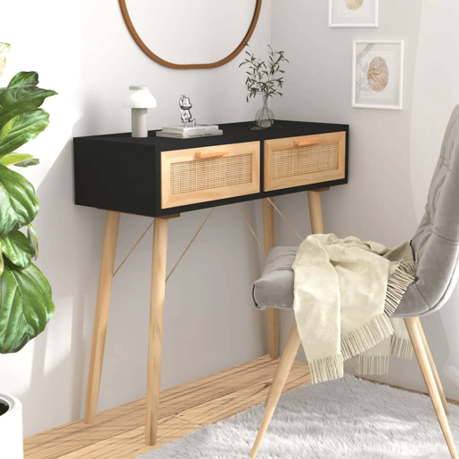Mesa Consola - Mesa De Entrada 80x30x75 cm pinho maciço e vime natural preto