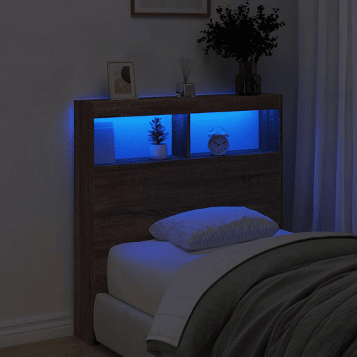 Armário Cabeceira - Cabeceira de cama c luzes LED 100x17x102 cm carvalho castanho