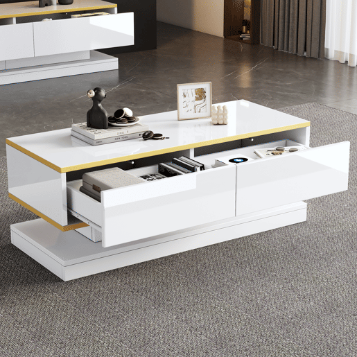 Conjunto de TV e mesa de centro branca brilhante - 3 gavetas na TV e 2 gavetas na mesa de centro com detalhes dourados