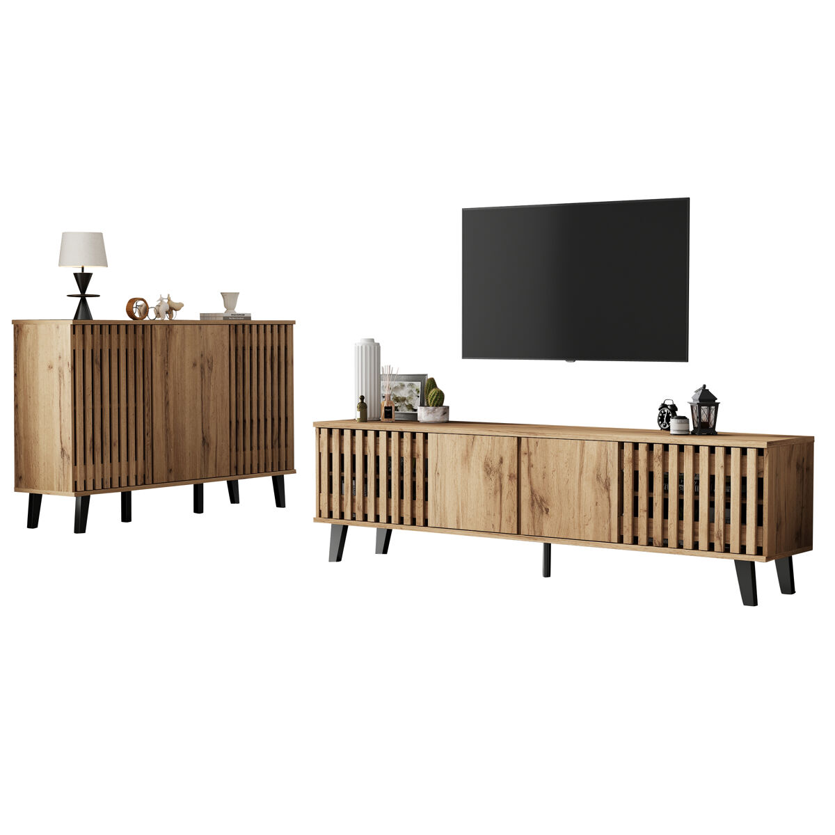 mueble de tv  180x40x55 cm y aparador  150x40x95 cm - 8 compartimentos 6 estantes puertas integradas estructura estable - madera natural