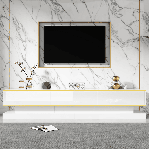 Móvel de TV 200x40x40 cm - Lowboard com 3 gavetas - Branco quente com borda dourada