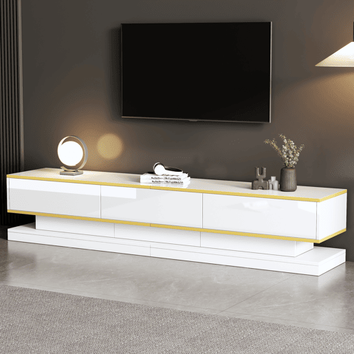 Móvel de TV 200x40x40 cm - Lowboard com 3 gavetas - Branco quente com borda dourada