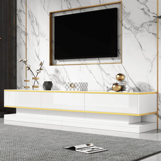 Móvel de TV 200x40x40 cm - Lowboard com 3 gavetas - Branco quente com borda dourada