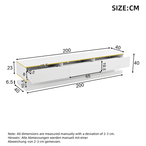 Móvel de TV 200x40x40 cm - Lowboard com 3 gavetas - Branco quente com borda dourada