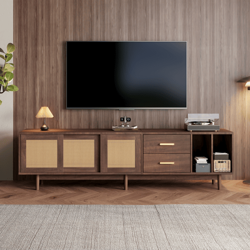 Móvel auxiliar 190x40x52 cm - Lowboard-TV-Schrank com 6 pés, com gavetas, para TVs de até 75 polegadas - Rattan castanho