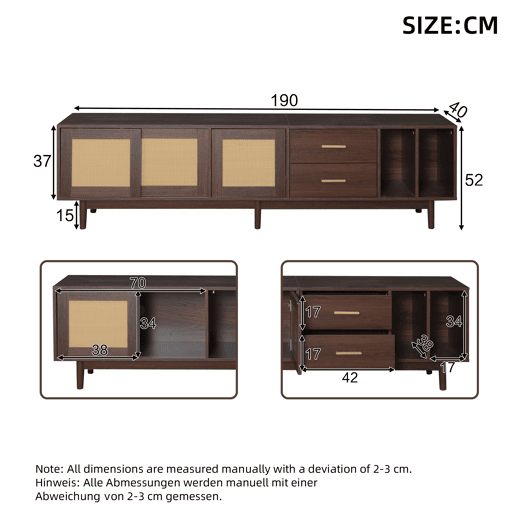 Móvel auxiliar 190x40x52 cm - Lowboard-TV-Schrank com 6 pés, com gavetas, para TVs de até 75 polegadas - Rattan castanho