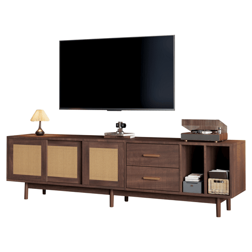 Móvel auxiliar 190x40x52 cm - Lowboard-TV-Schrank com 6 pés, com gavetas, para TVs de até 75 polegadas - Rattan castanho