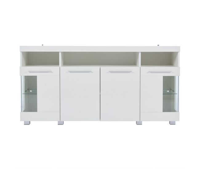 Mesa auxiliar 140x40x70cm - sideboard brillante con luces led, 3 compartimentos, cristal templado - blanco